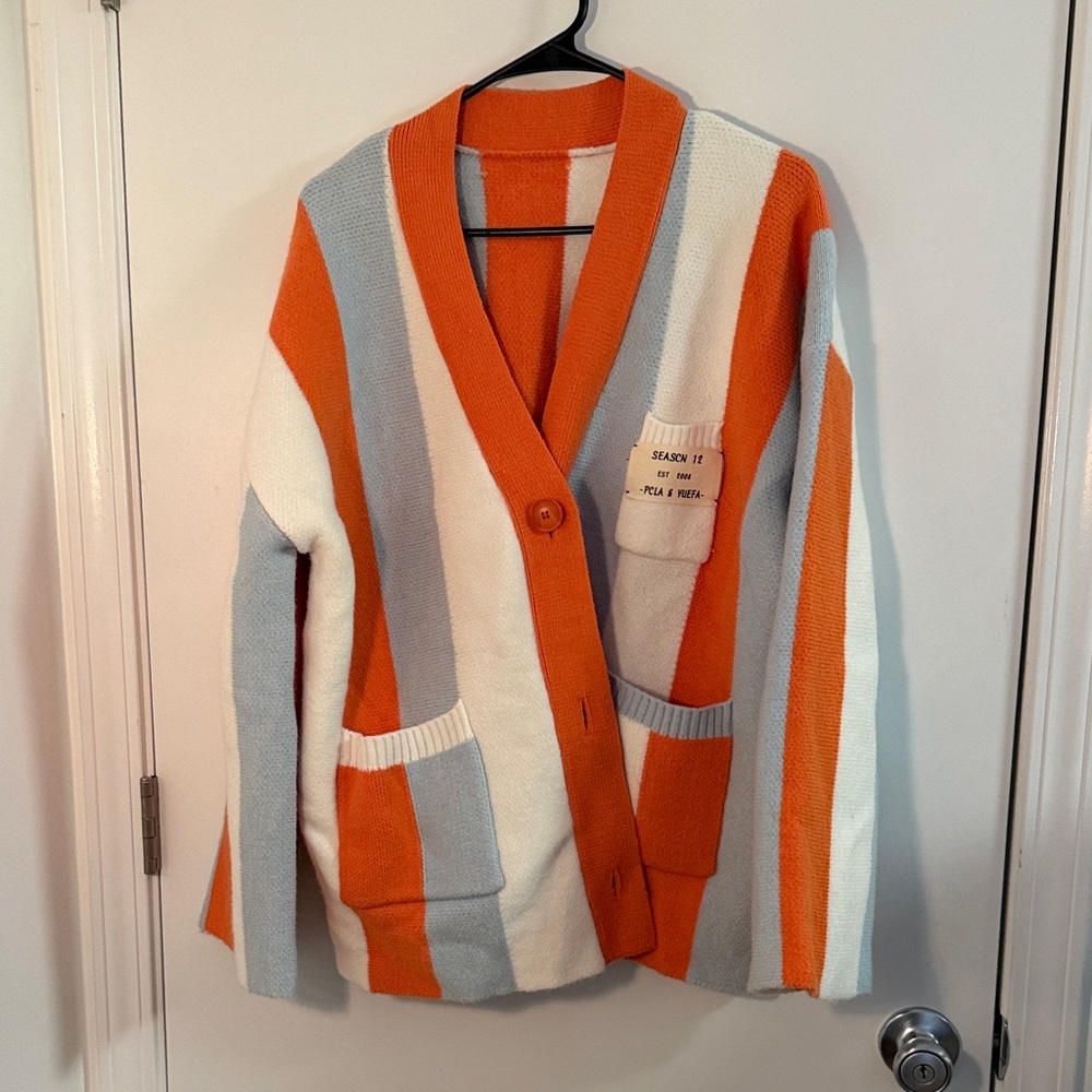AMAZON Striped Cardigan, Orange, Blue, White